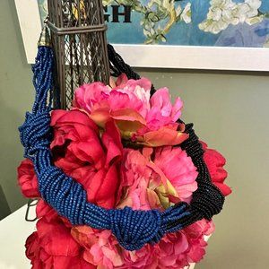 Black & Blue Braided Beaded Necklace with Shimmering Faux Stones